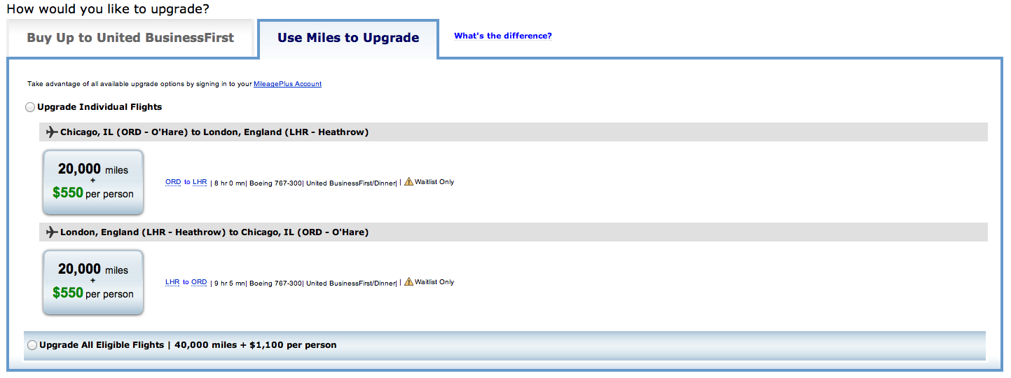 Upgrading United flight to Business Class using MileagePlus miles