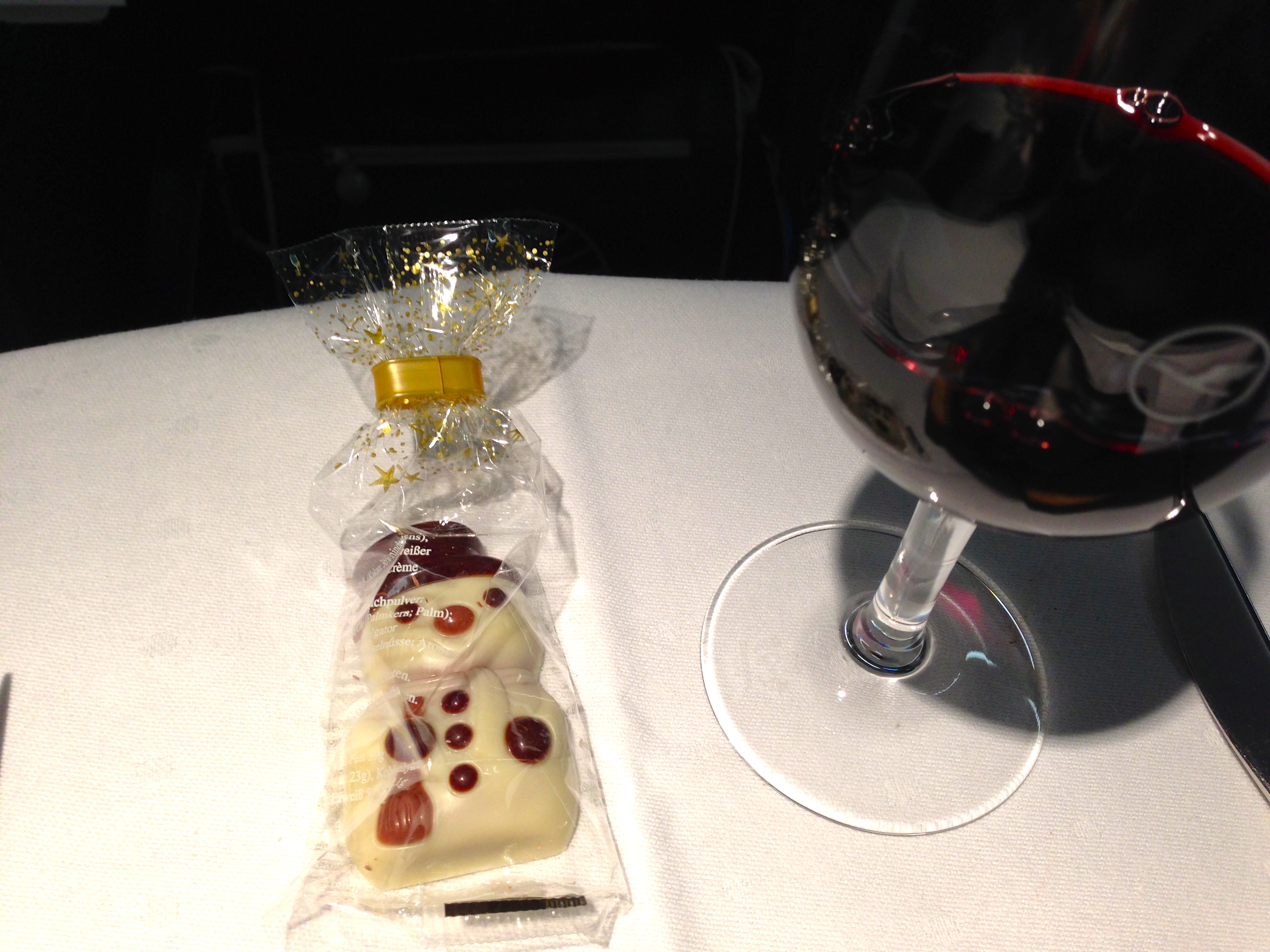 Lufthansa A340-300 Business Class Chocolate Snowman Dessert Munich to Chicago