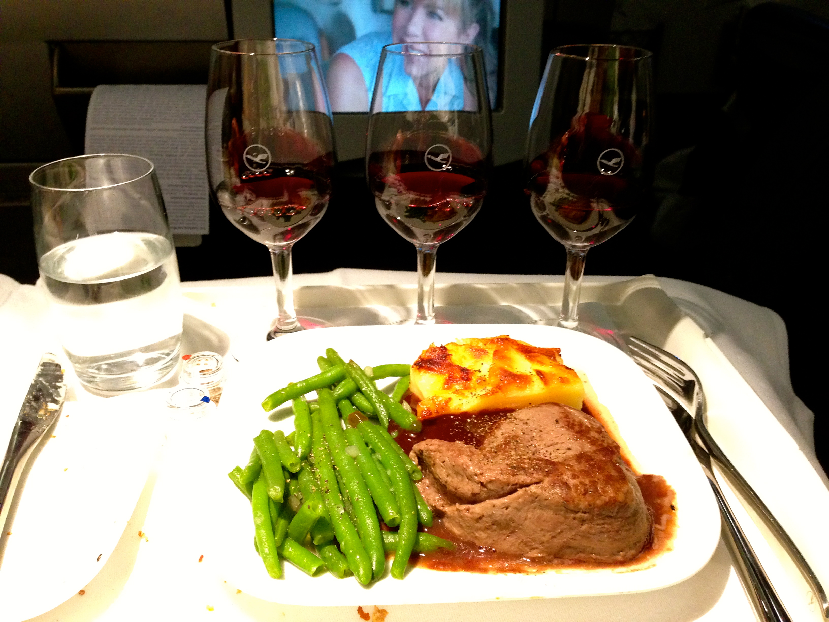Lufthansa A340-300 Business Class Main Course Beef Entree Munich to and Wine Flight Chicago